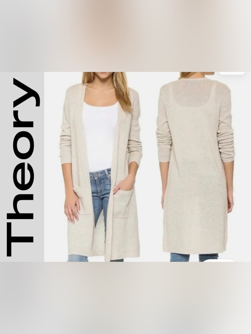 Theory Torina Cashmere Linen Open-Front Long Pocket Cardigan